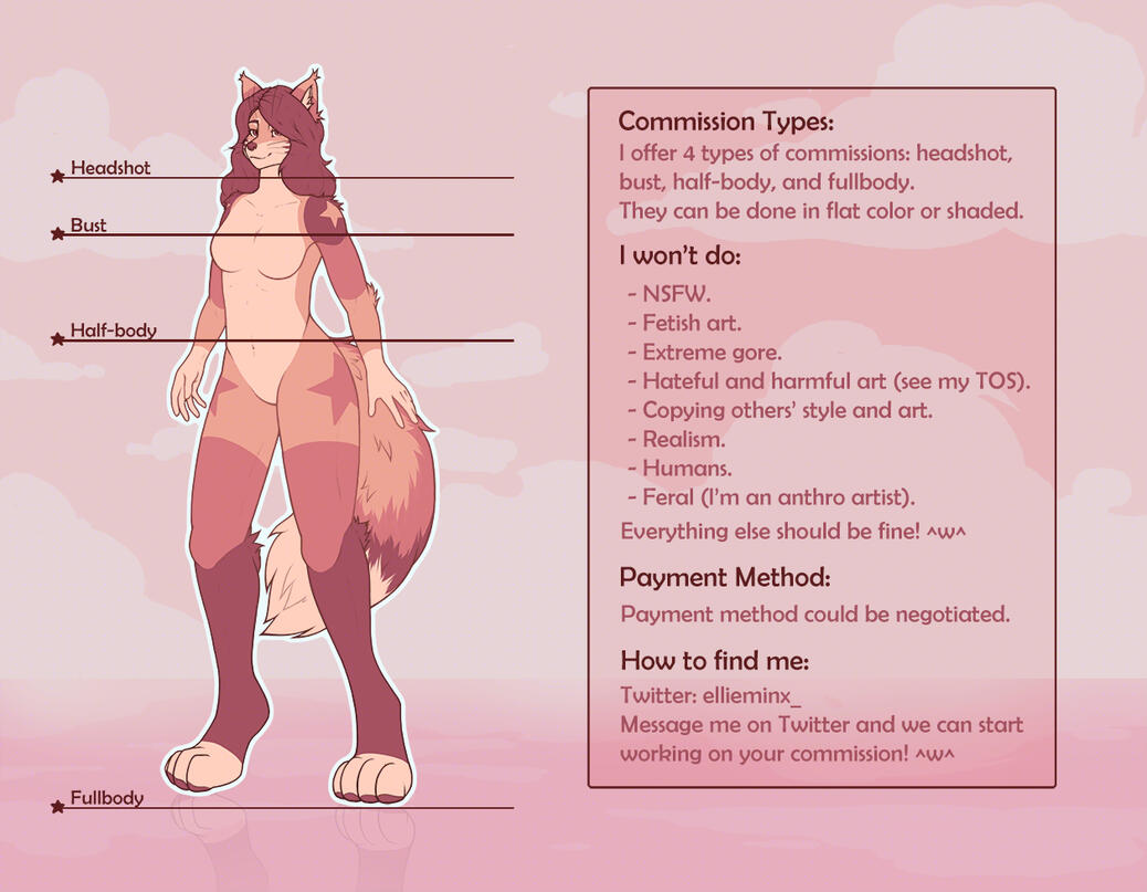 Commission Types: headshot, bust, half-body, fullbody. I won't do: NSFW, fetish art, extreme gore, hateful and harmful content, copying other's styles and works, realism, humans, feral. Everything else should be fine. Payment method: only through Boosty. H